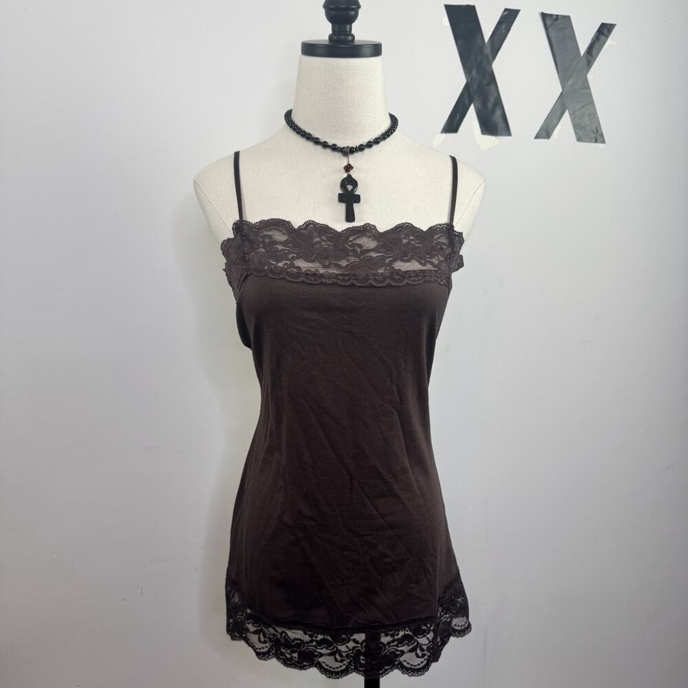 Vintage 90s Y2K Euro Brown Longline Lace Trim Cami Square Neck Layering Top L